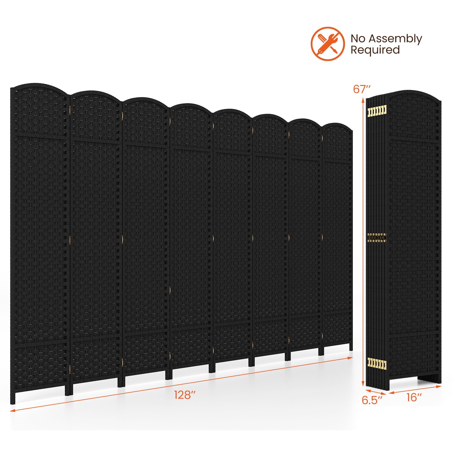 8-Panel Folding Room Divider with Hand-woven Texture and Wood Frame