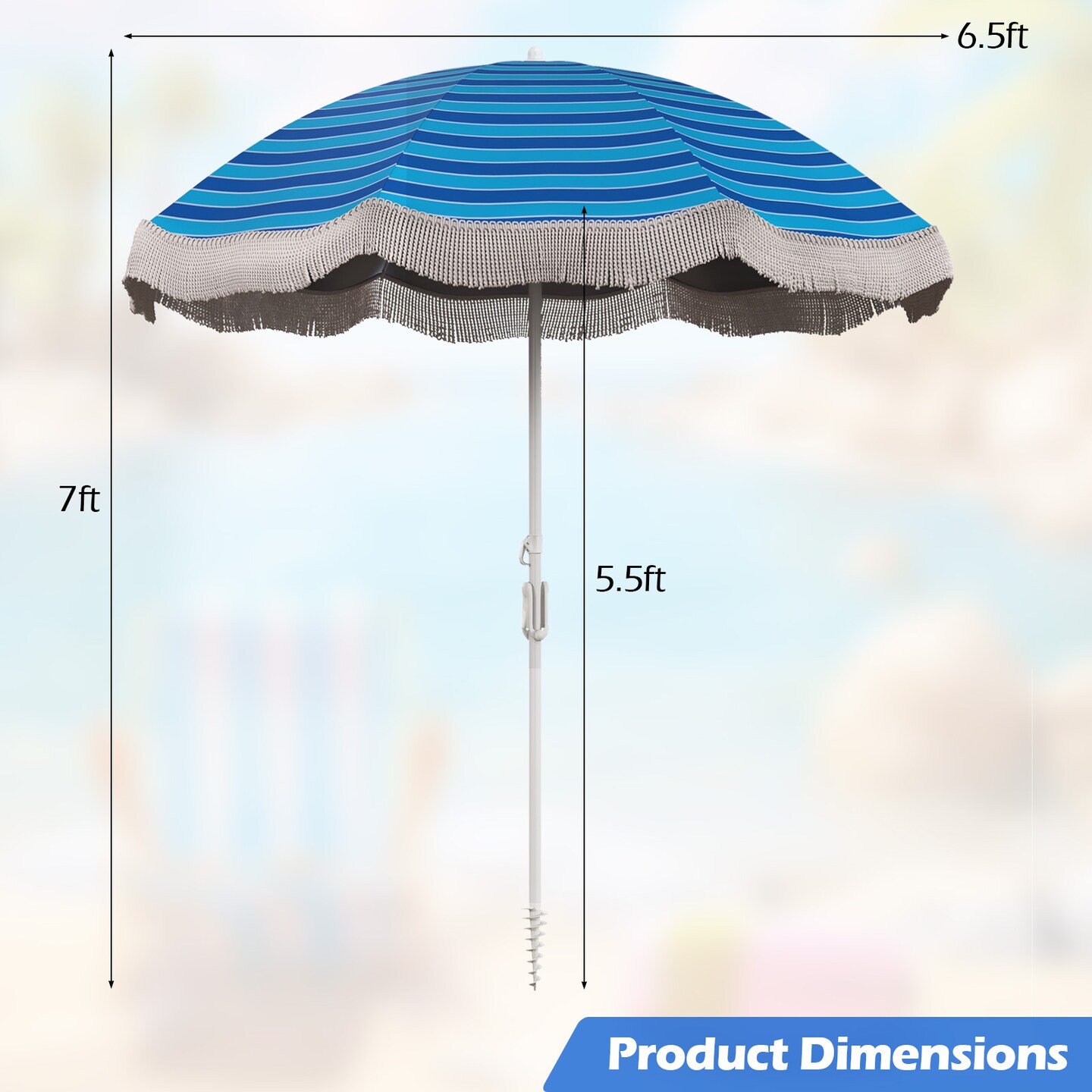 6.5 FT Beach Umbrella with Fringe, Outdoor Tassel Design, Push Button Tilt, UV Protection