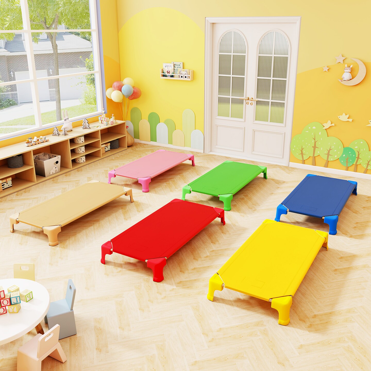 Metal PP Oxford Fabric Stacked Nap Cots for Kids with Easy Setup and Space-Saving Design