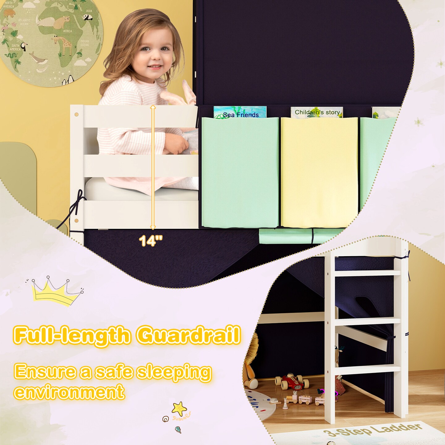 Twin Size Playhouse Loft Bed Frame with Tower Tent and 3 Storage Pockets for Kids