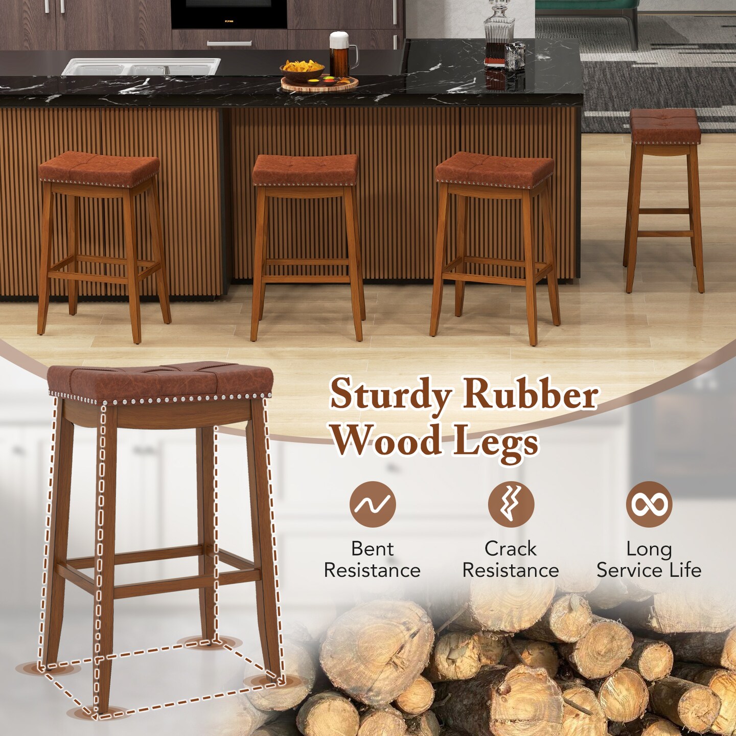 PU Leather Saddle Seat Bar Stools Set of 2, 25/29 Inch Upholstered Counter Height Chairs