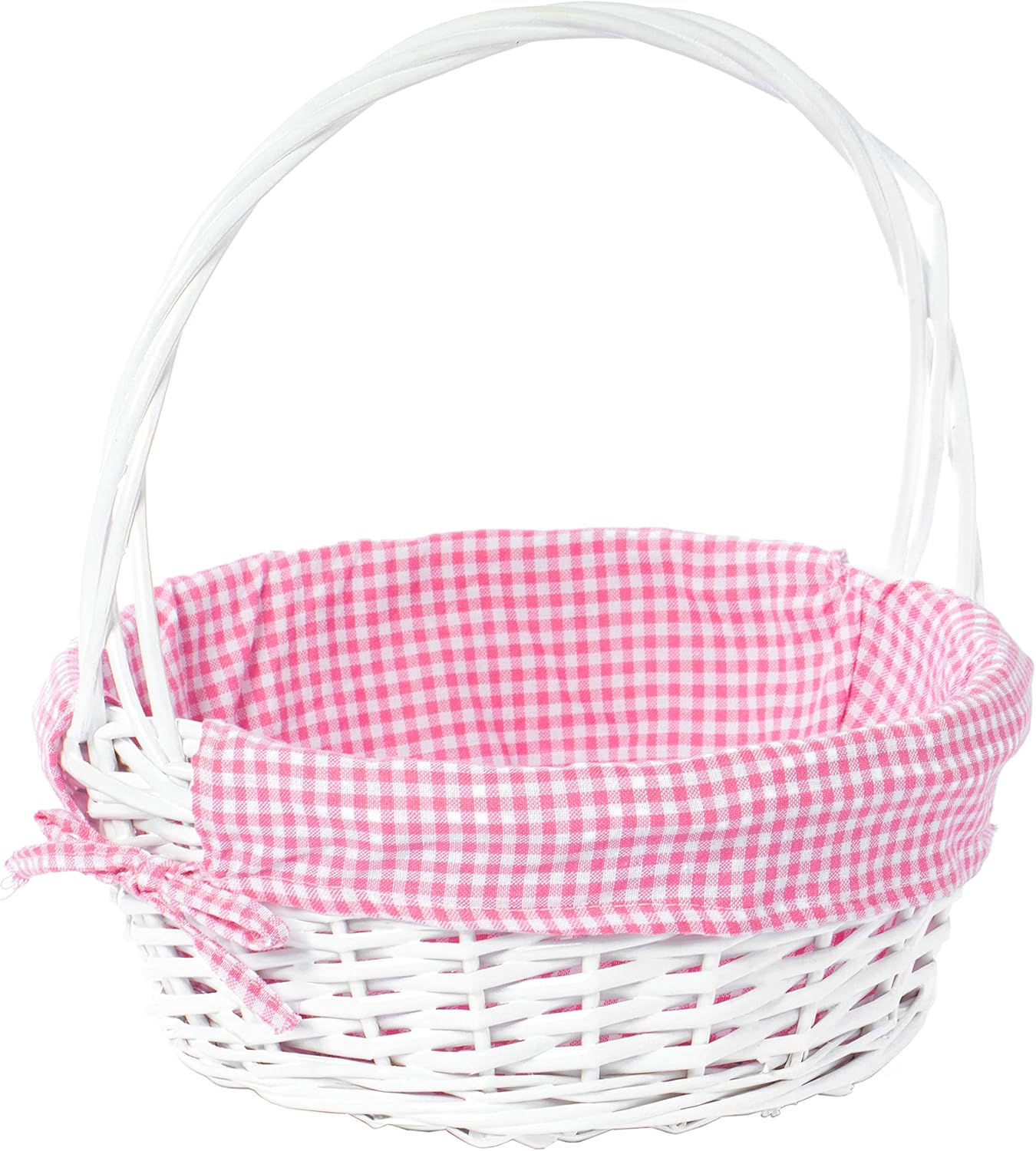 White Round Willow Gift Basket, with Pink Gingham Liner and Handle - Medium