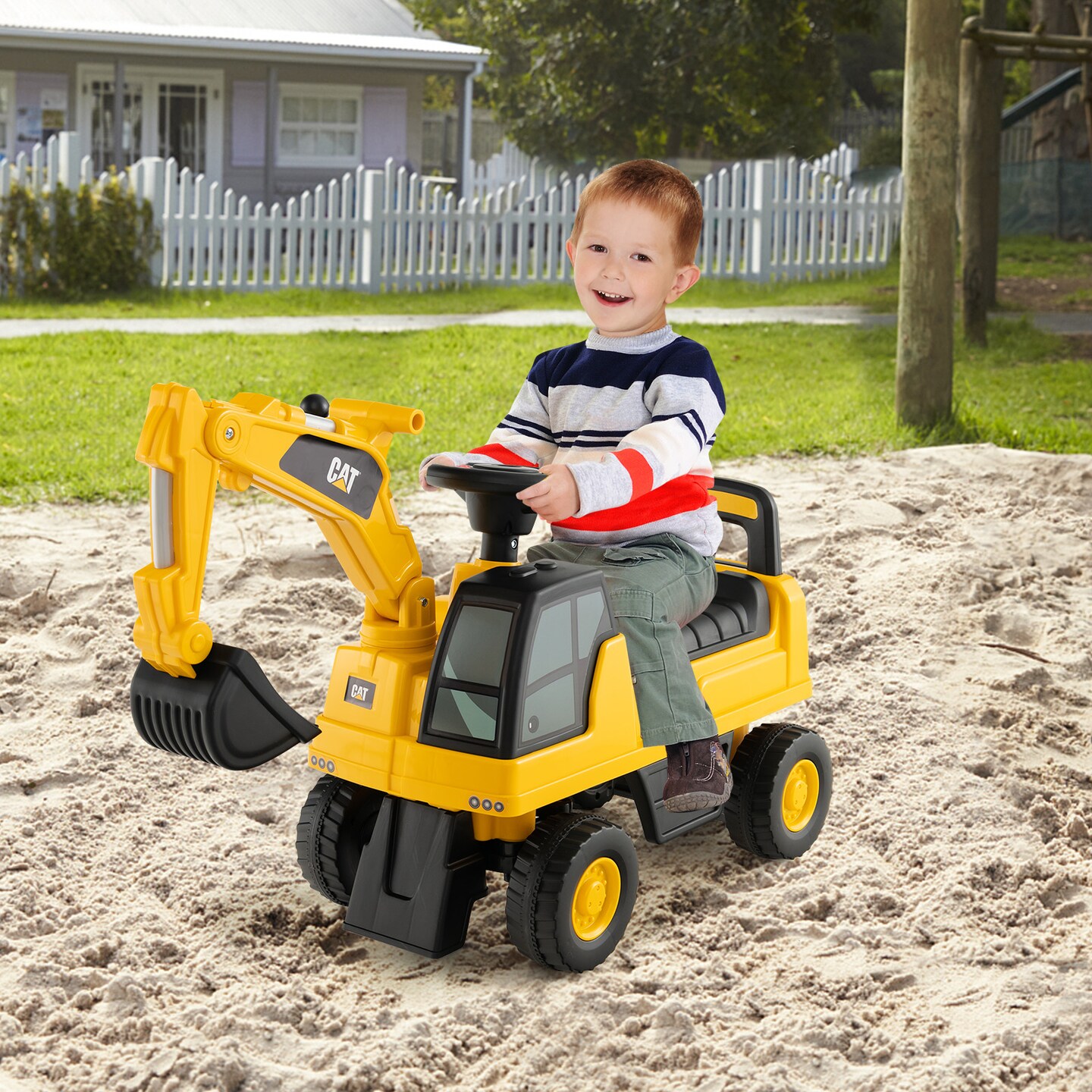 Yellow Plastic Licensed Caterpillar Kids Ride-On Digger with Adjustable Arm and Realistic Controls
