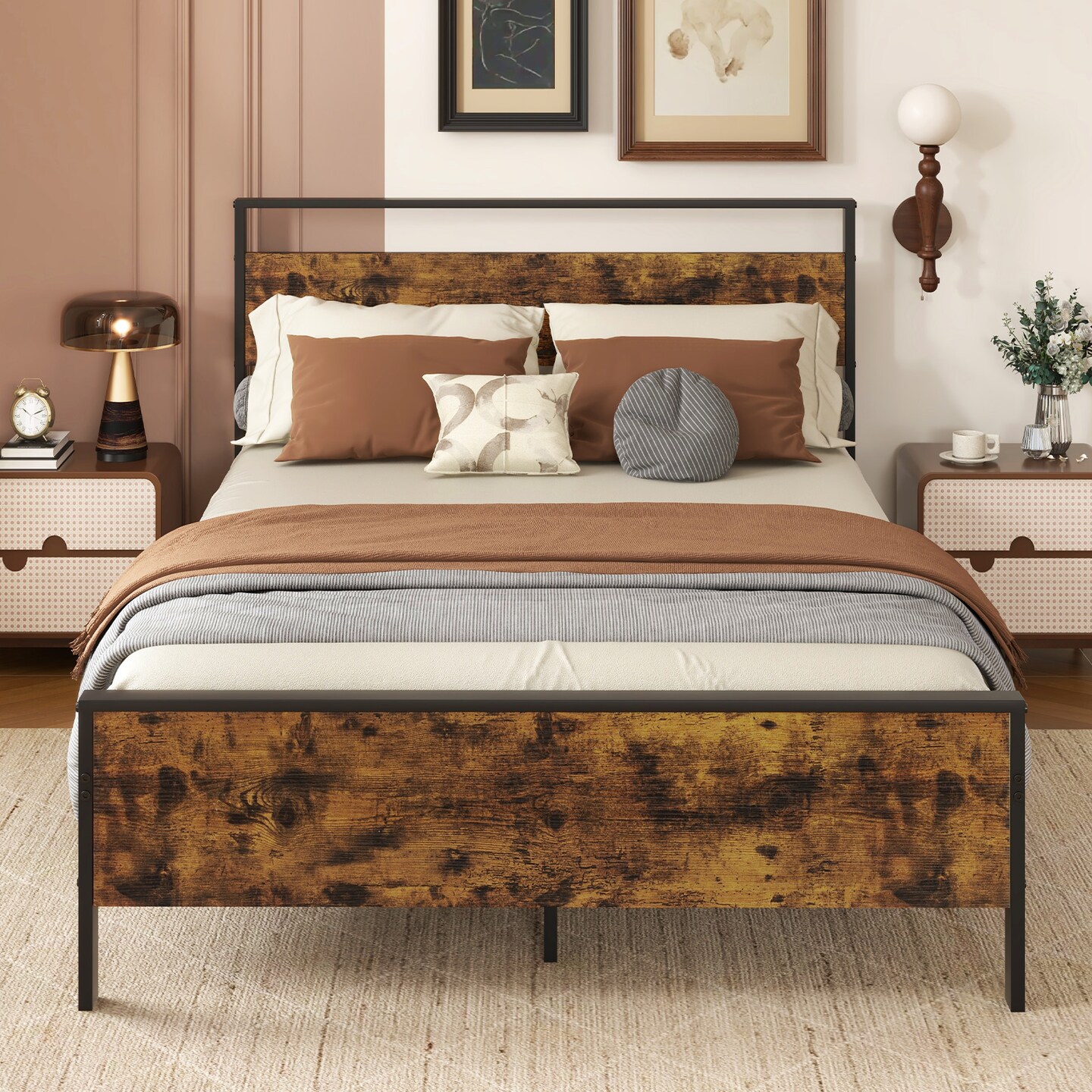 Metal Bed Frame Industrial Platform Bed with Wooden Headboard
