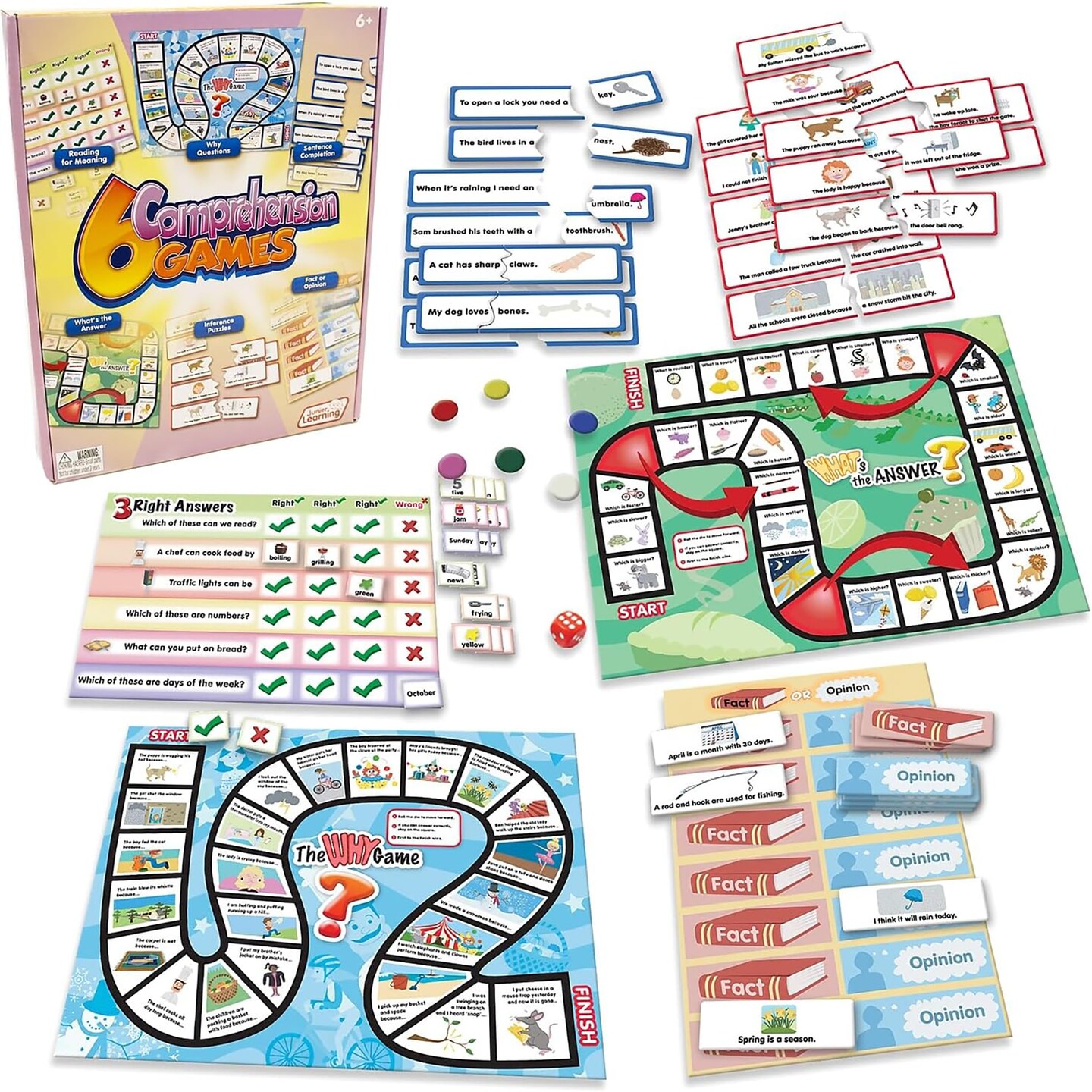 6 Comprehension Games Junior Learning Board Game for Ages 6-9+ Grade 2 Grade 3 Learning, Language Arts, Perfect for Home School, Educational Resources