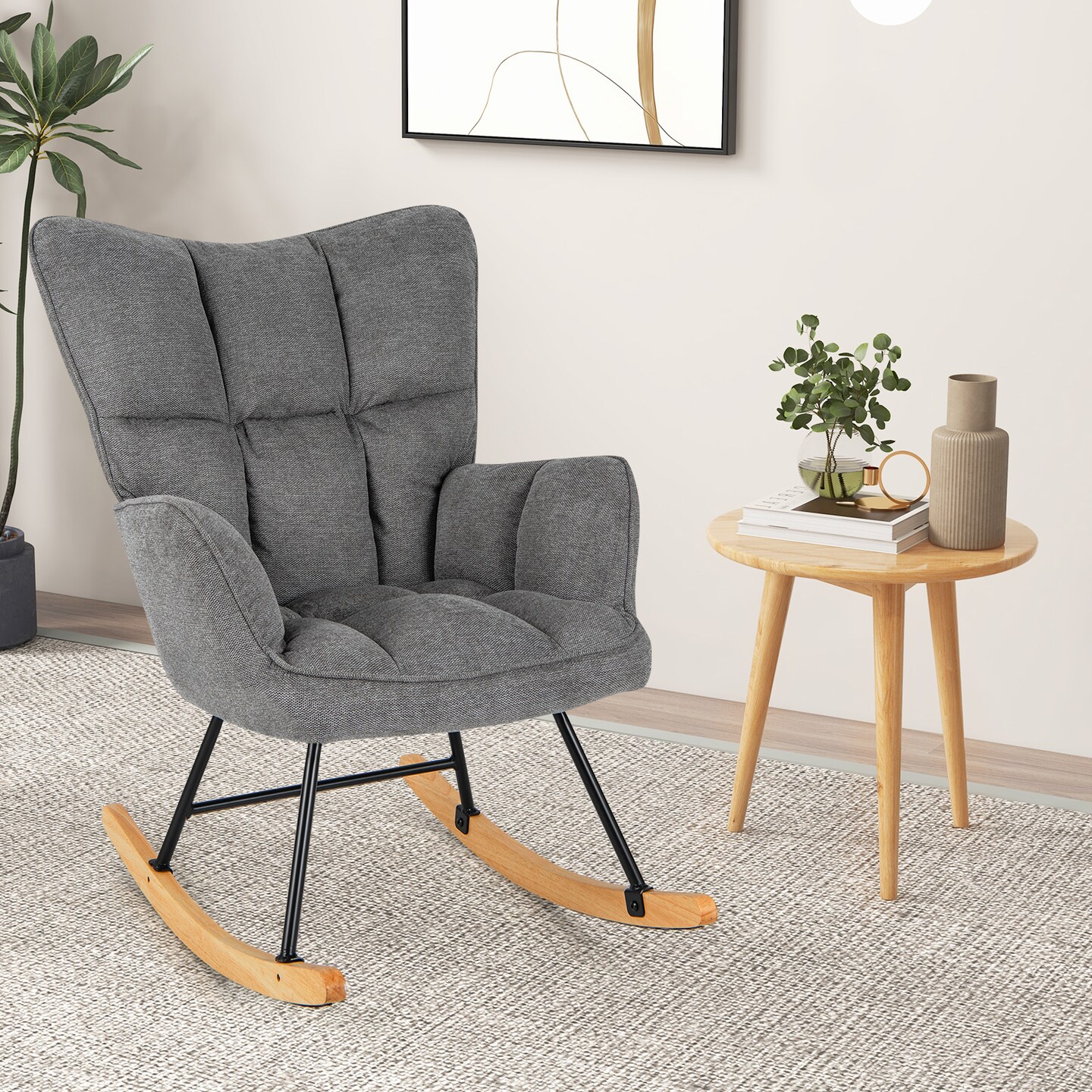 Modern Upholstered Rocking Arm Chair with High Backrest and Plush Seat