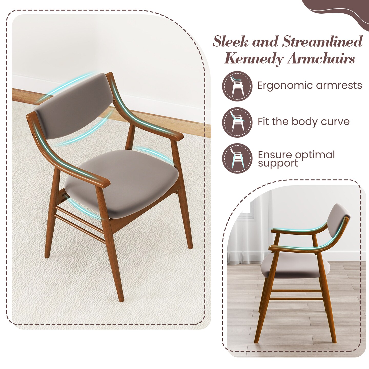 Brown Wooden Dining Chair Set of 2 with Cushioned Seat and Back Support for Comfort