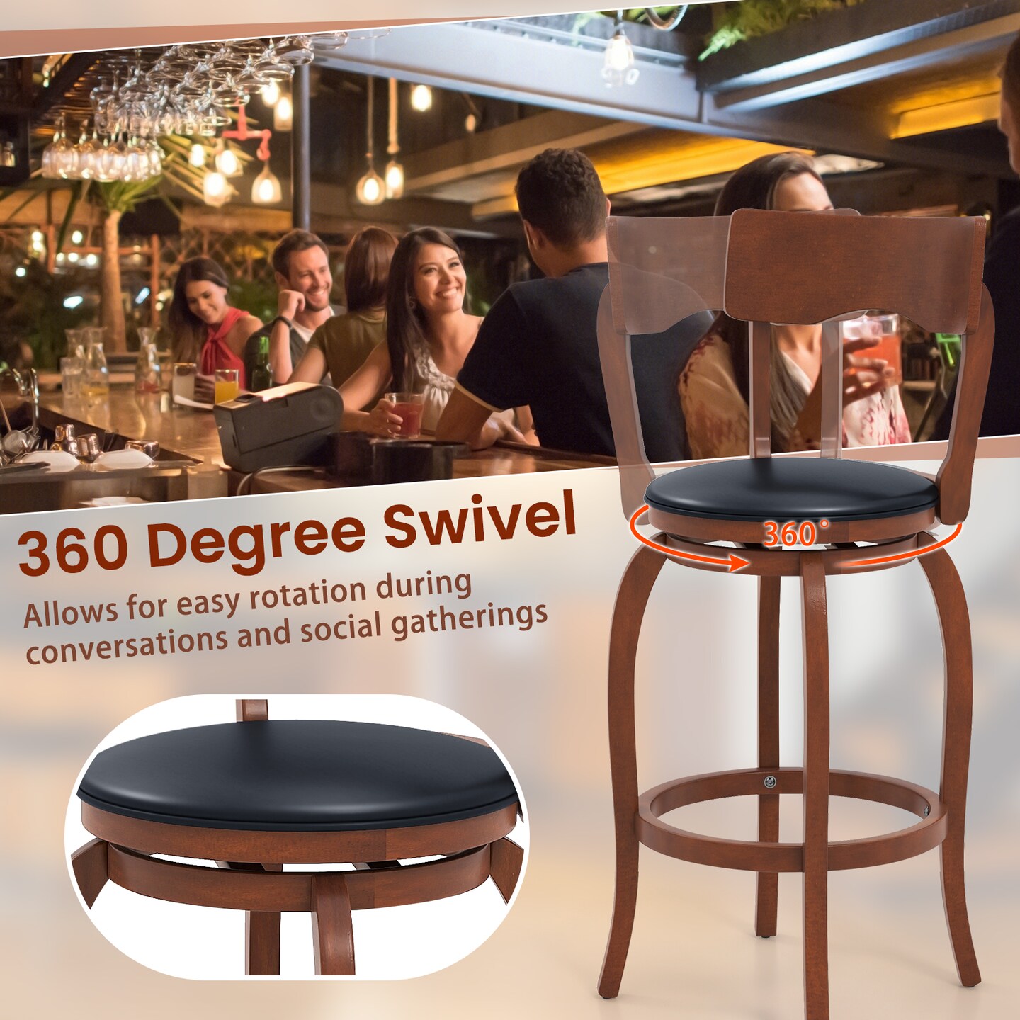 Velvet Swivel Bar Stools Set of 2 with Rubber Wood Frame and Upholstered Seat