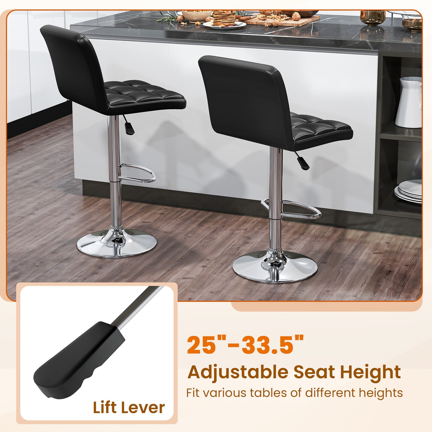 PU Leather Bar Stools Set of 2 with Backrest, Adjustable Height, Modern Design, Comfortable Seating