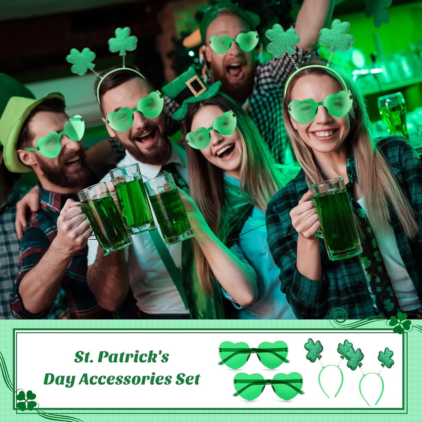 24 Pcs St. Patrick&#x27;s Day Shamrock Headbands Glasses Set, Green St Patricks Day Costume Accessories 12 Pcs Boppers Headwear and 12 Pairs Transparent Rimless Love Eyewear for Irish Party Supplies