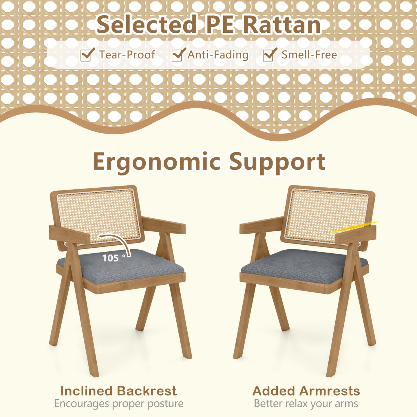 Set of 2 Rattan Accent Chairs with Padded Cushion & Rubber Wood Frame for Living Room