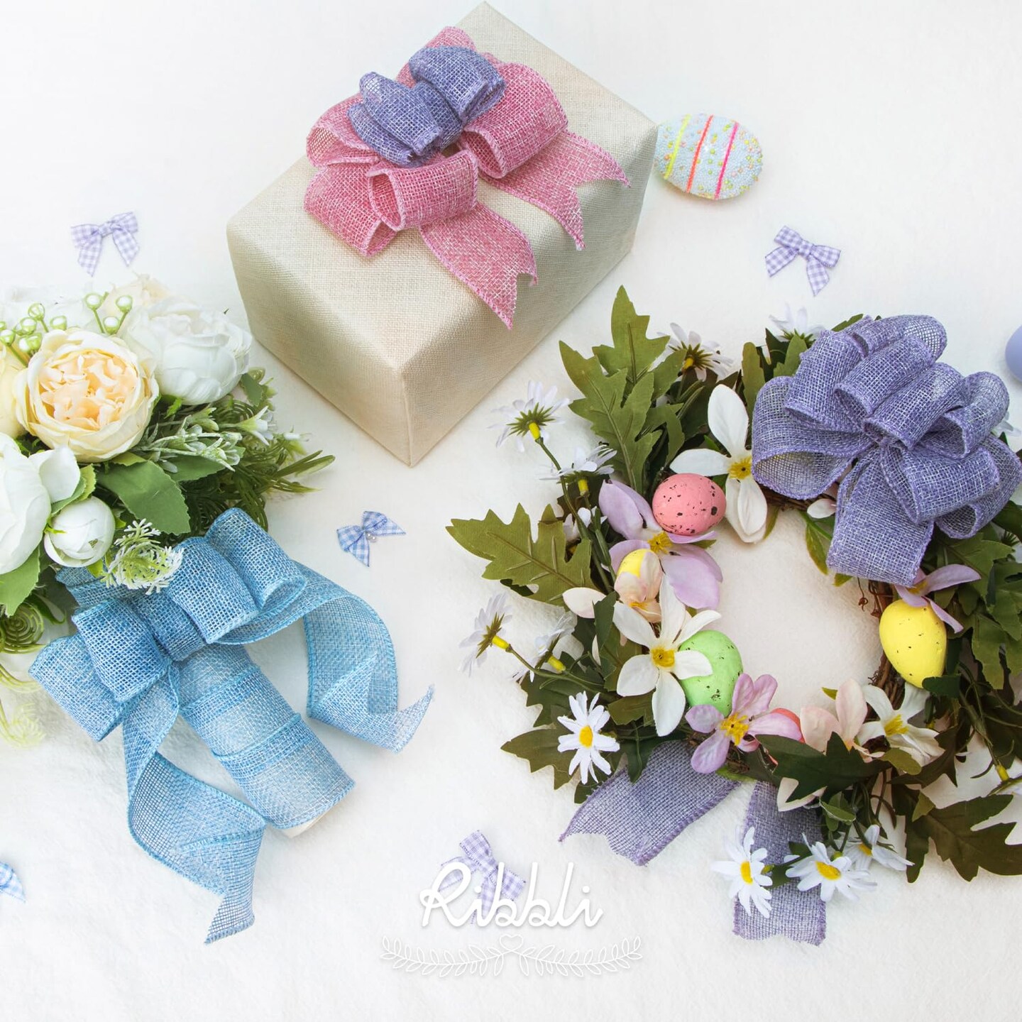 Easter Burlap Ribbon-Pink/Blue/Lavender/Apple Green/Yellow/Orange Wired Ribbon 1.5 Inch x 6 Colors Total 30 Yard Easter Ribbon for Crafts Wreaths Big Bow Wrapping Outdoor Decoration