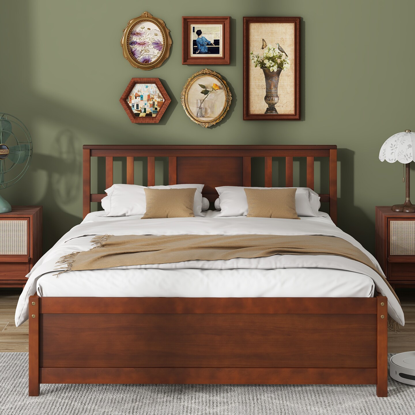 Wooden Platform Bed with Headboard and Slat Support