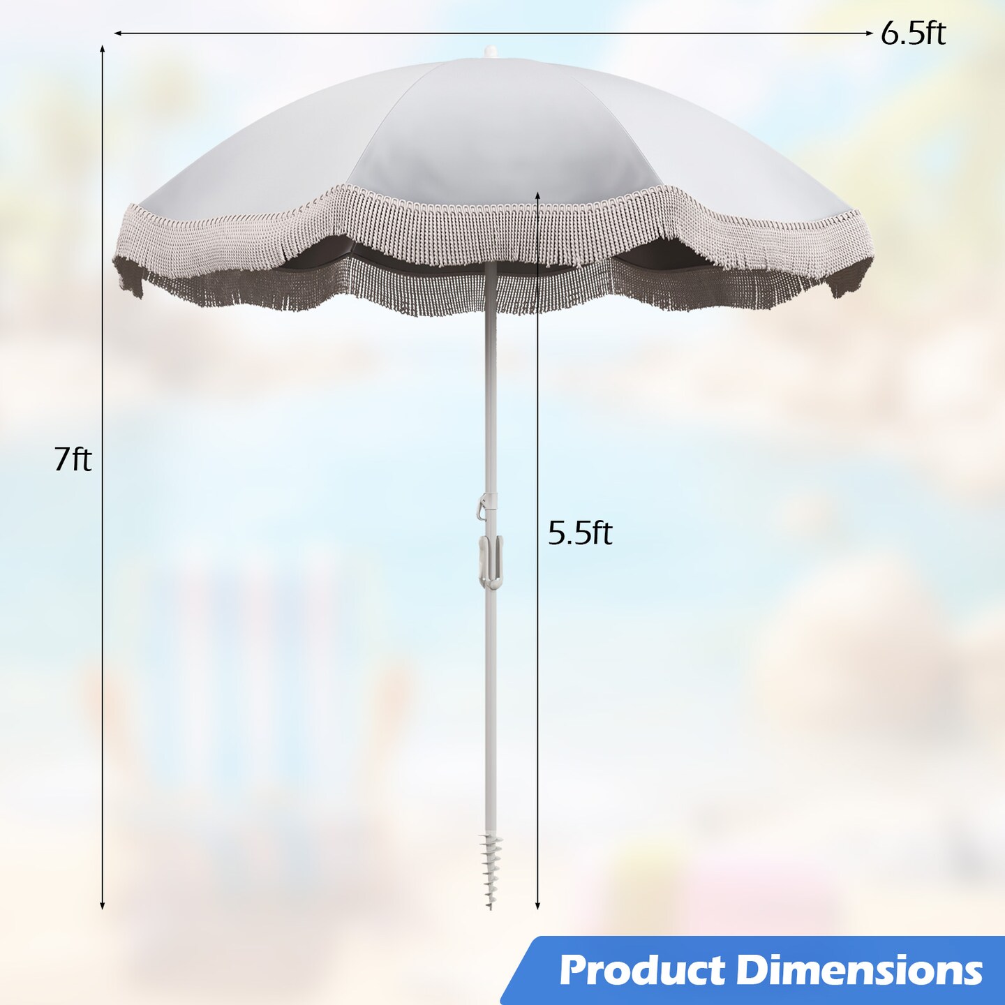 6.5 FT Beach Umbrella with Fringe, Outdoor Tassel Design, Push Button Tilt, UV Protection