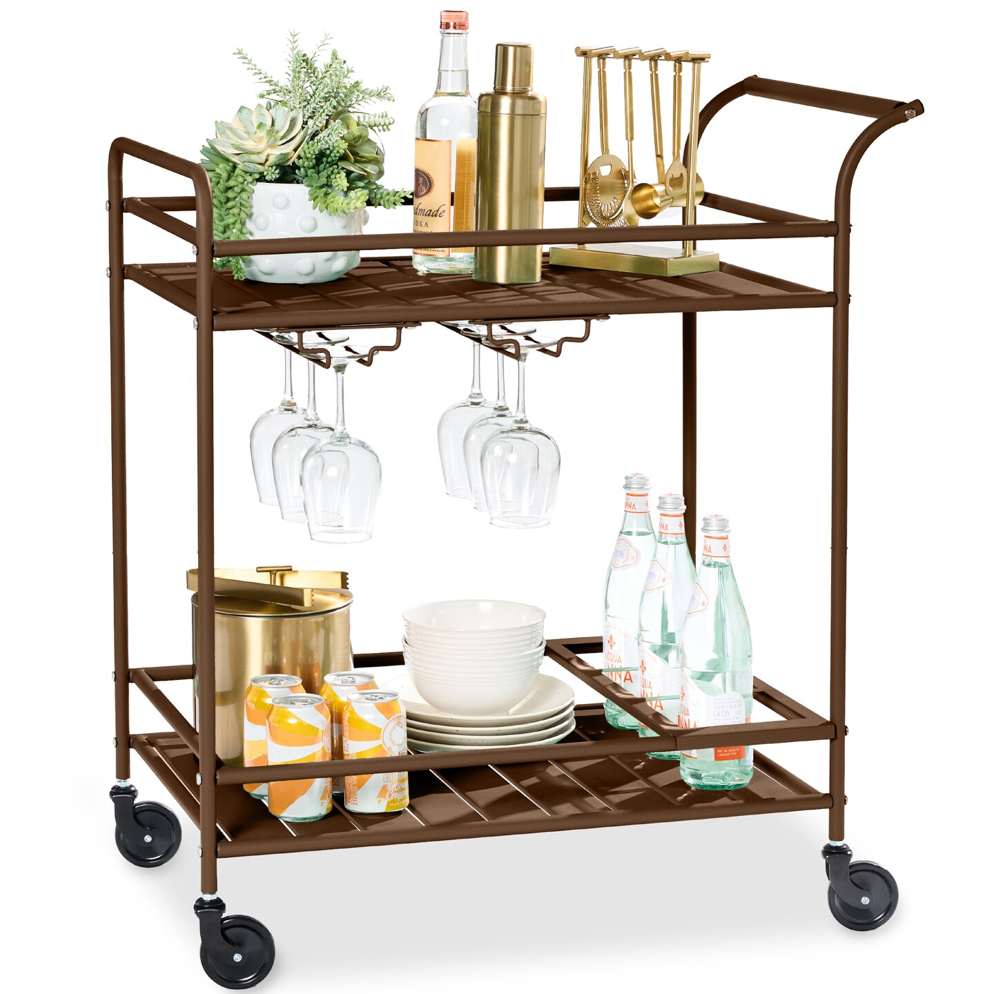 Best Choice Products 2-Tier Rolling Bar Cart Indoor/Outdoor w/ Storage Shelves, Wine Rack, Lockable Wheels