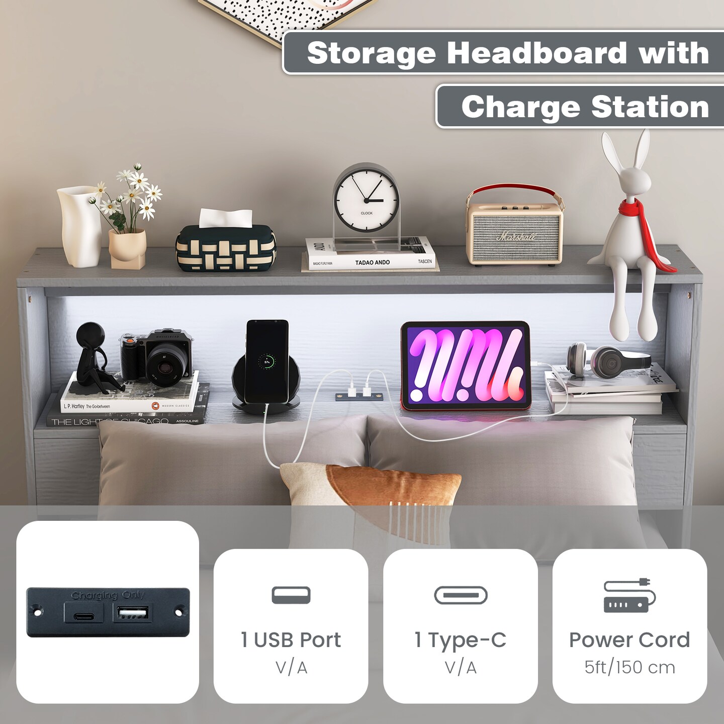 Wooden Twin Bed with Storage Headboard Charging Station LED Light and Under-bed Storage