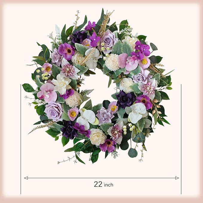 22&#x22; Artificial Flower Wreath Spring/Summer Floral Wreaths for Front Door with Roses Orchid Gardenia Dahlia Full and Elegant Decor for Inside Outside Wall Window Festival Party Wedding &#xFF08;White Purple&#xFF09;