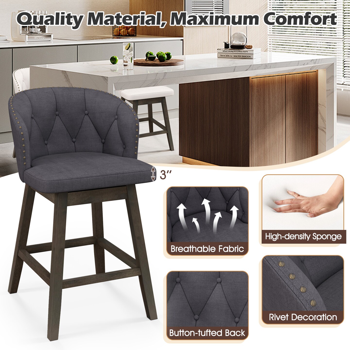 Fabric Upholstered Counter Height Bar Stools, Set of 2 with Padded Seat and Footrest