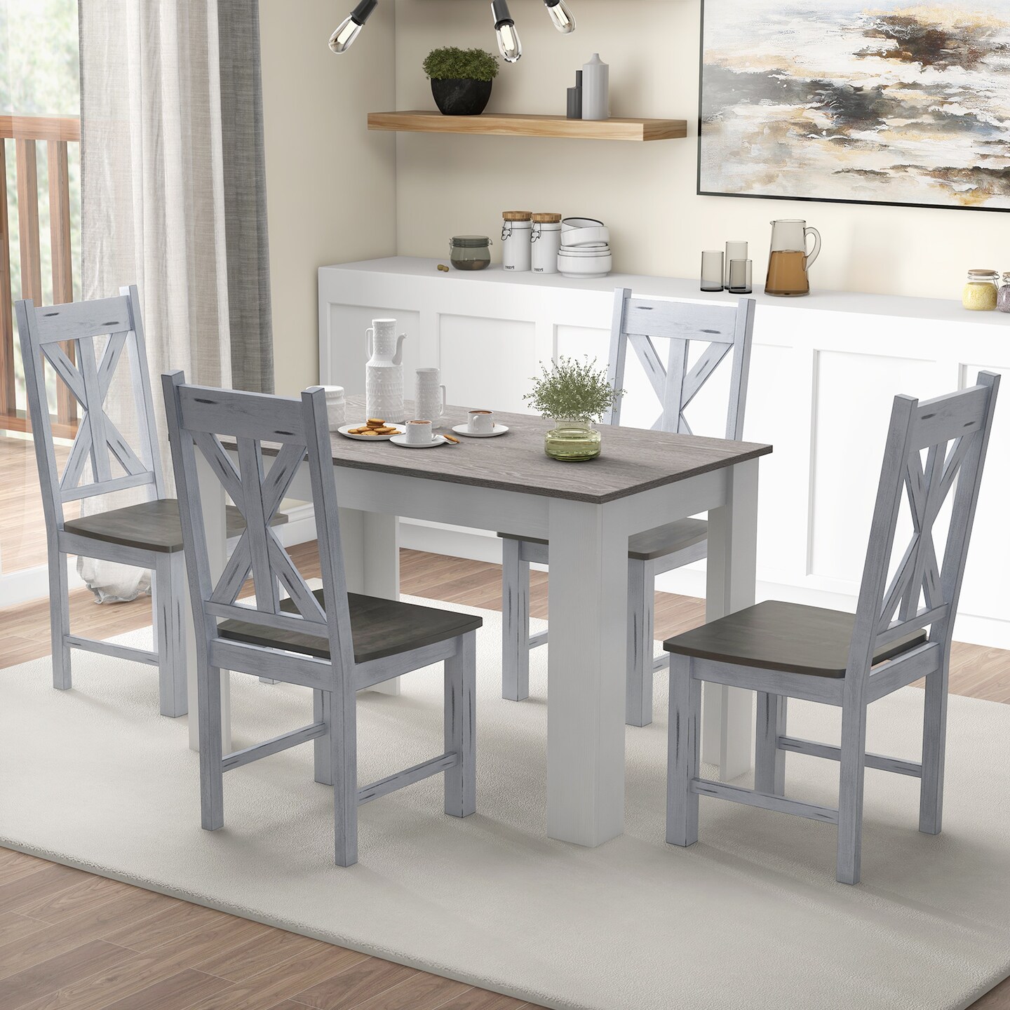 Farmhouse Chair Set of 2 with Rubber Wood Frame and Elegant Hollowed Backrest-Gray