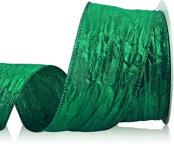 Royal Green Crinkled Sheer St. Patrick&#x27;s Day Ribbon 2.5&#x22; x 10 Yards Wired Mardi Gras Ribbon for Mardi Gras Bow Making Decorations Gift Wrapping Floral Bouquets Holiday Party Supplies