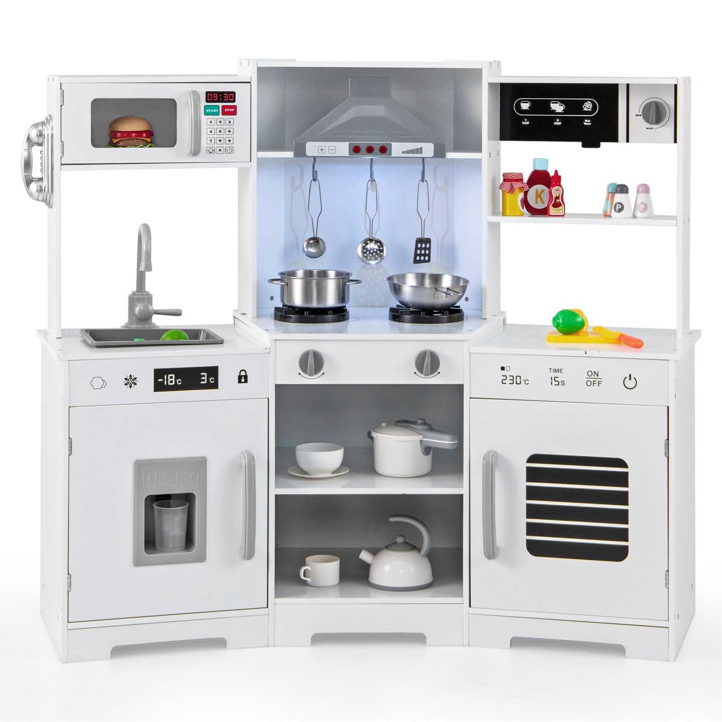 Wooden Pretend Play Kitchen Toy Set with Range Hood, Real Sounds &#x26; Lights, Interactive Kitchen Playset for Kids