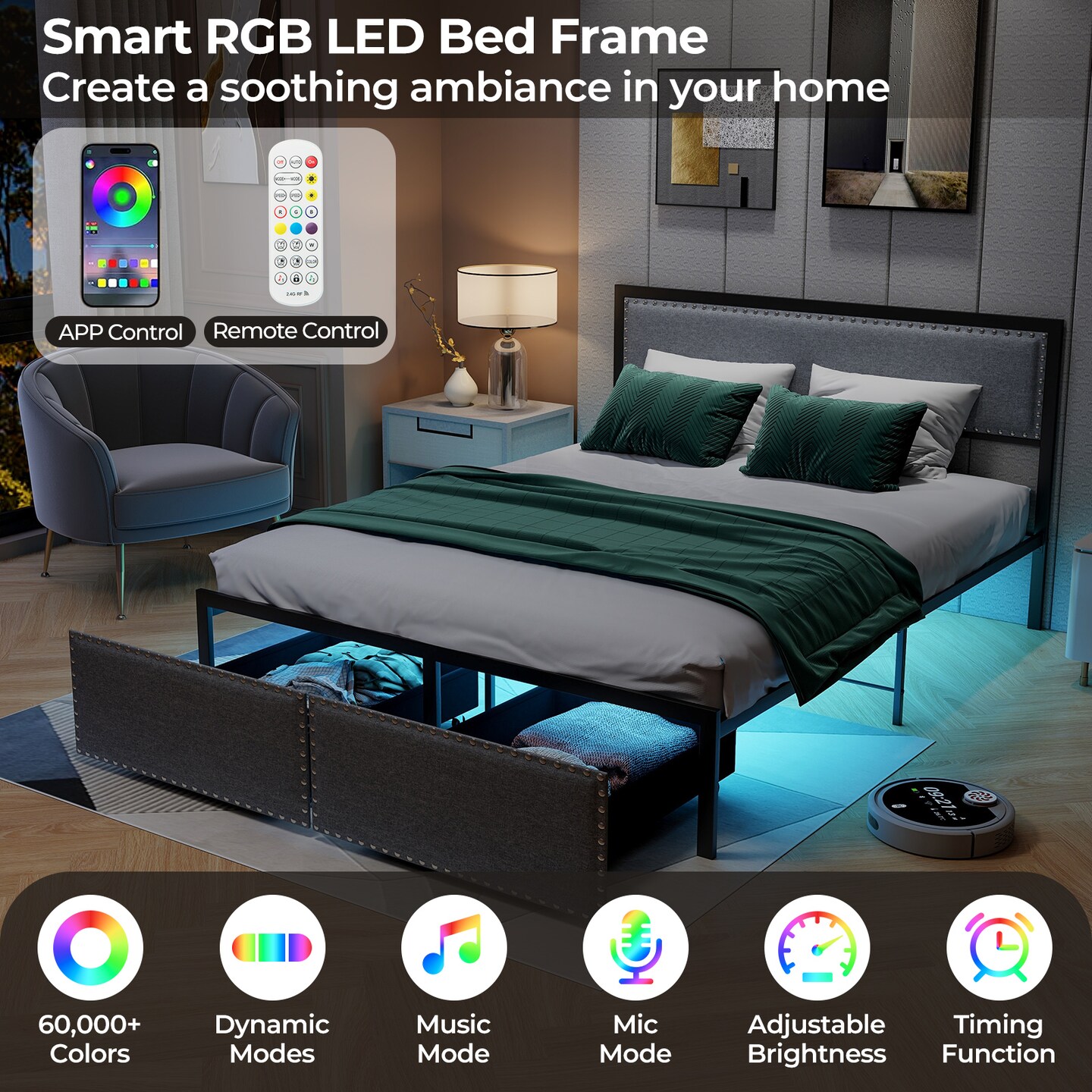 Grey Metal Slats Platform Bed Frame with LED Lights and Drawer