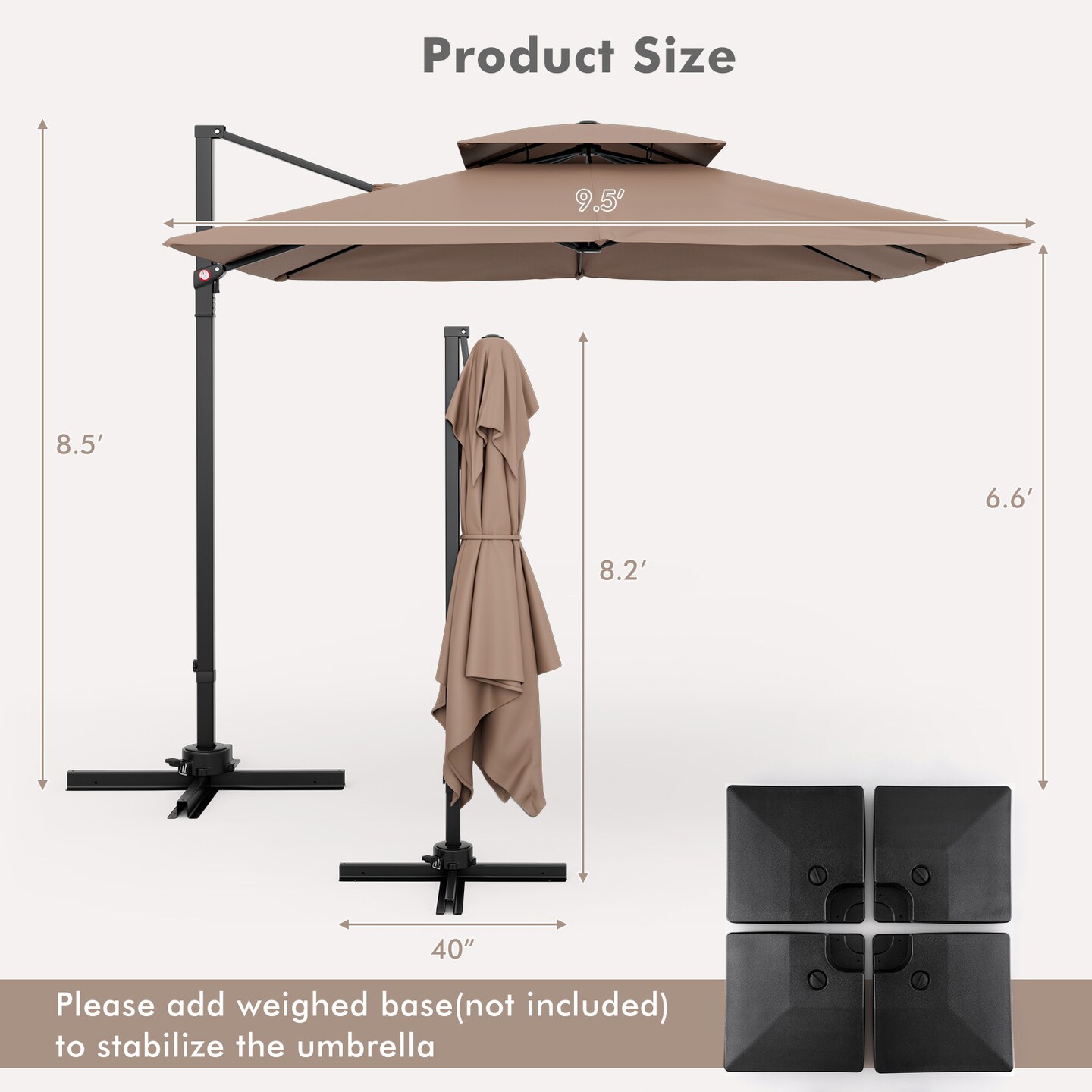 Aluminum 9.5 Feet Cantilever Patio Umbrella with 360° Rotation and Double Top