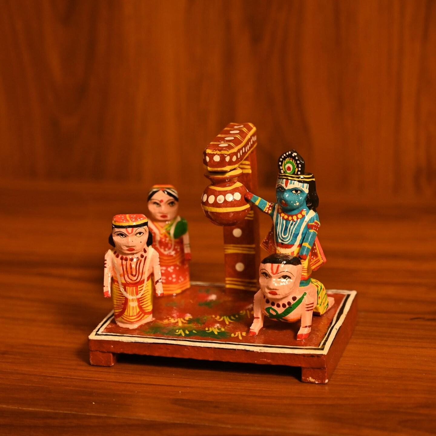Wooden Krishna Makhan Chor Leela for Janmashtmi Golu Decoration Handpainted Kondapalli Krishna Set Show-piece for Home Temple Shelf Display Table Decor Gifting Item