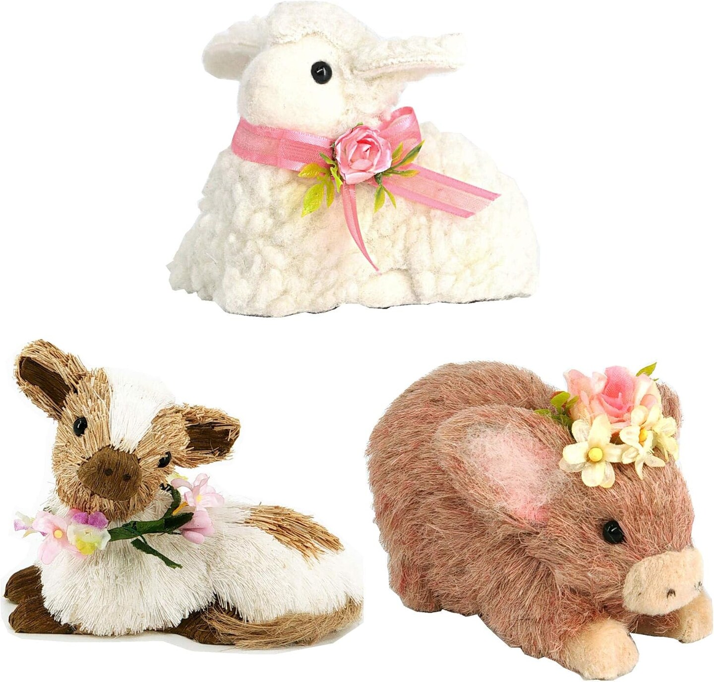 4 Inches Farm Animals Easter Decor,Set of 3 Sisal Animals Figurines w Spring Decor Flower as Easter Decorations for The Home, Realistic Easter Ornaments Includes Pig Decor