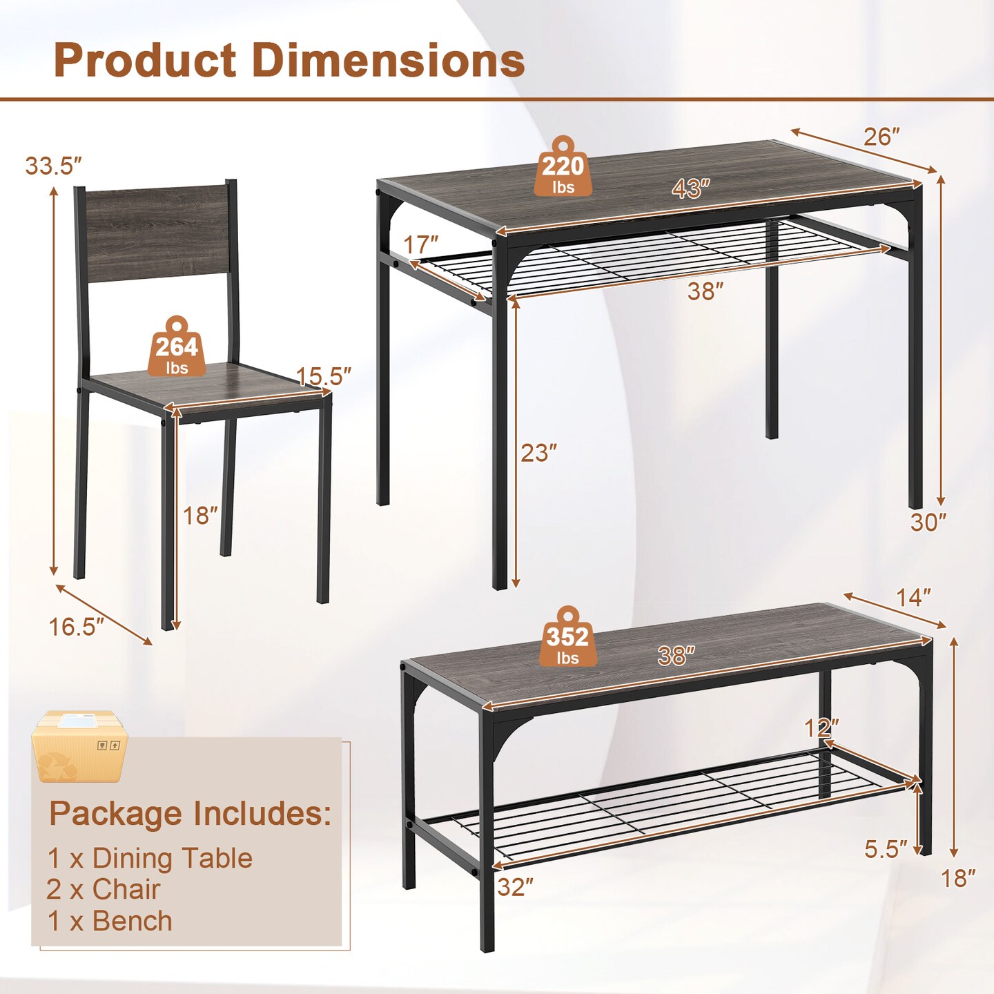 Wood Industrial Rectangular Dining Table with Bench and Metal Chairs