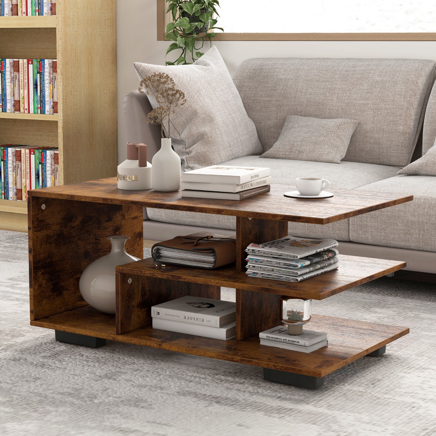 Rectangular Coffee Table with L-shaped Middle Shelf - 35.5" x 19.5" x 16.5" (L x W x H)
