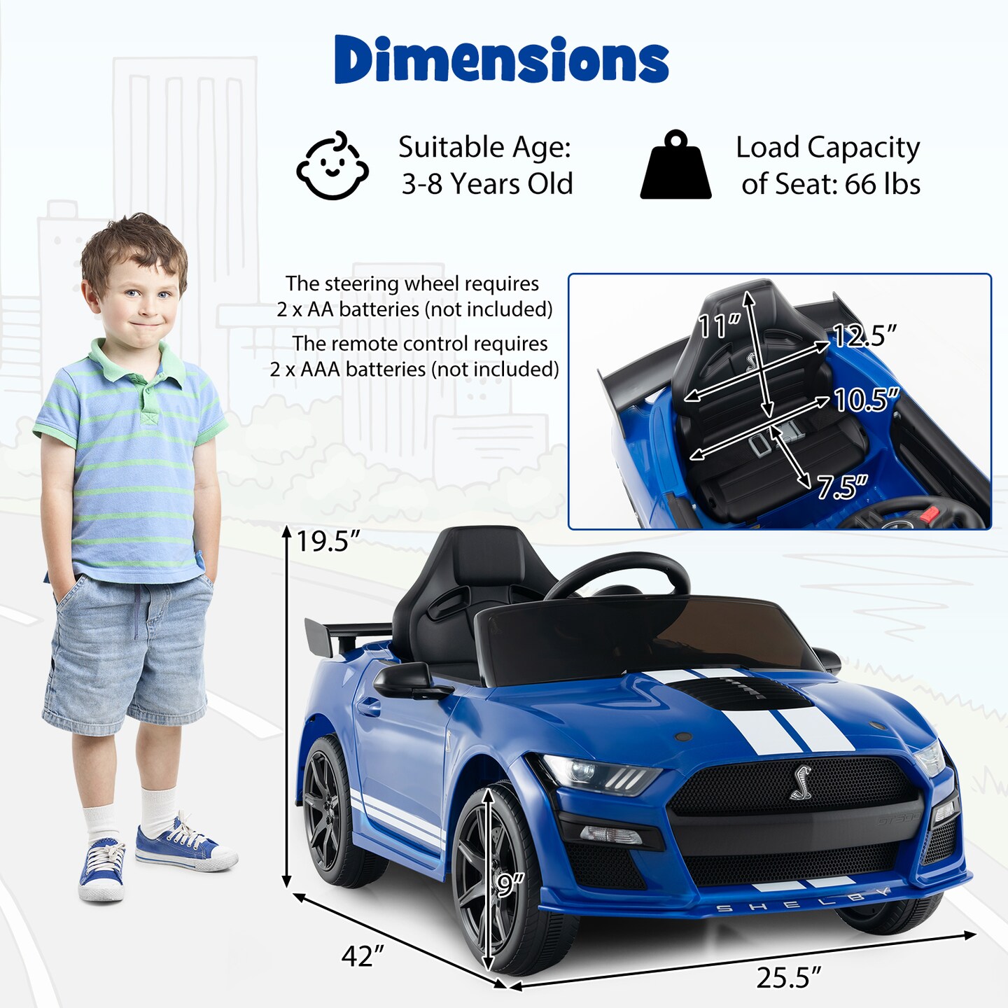 12V Licensed Ford Mustang Shelby GT500 Kids Ride on Car with Remote Control for Kids Aged 3-8-Red