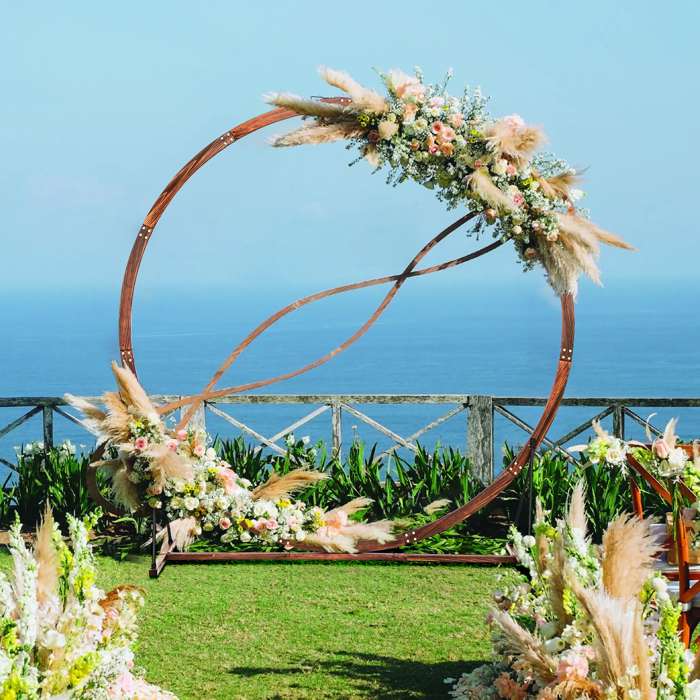 Rustic Brown Wooden Wedding Arch with Fir Wood Frame and Metal Stakes for Outdoor Events