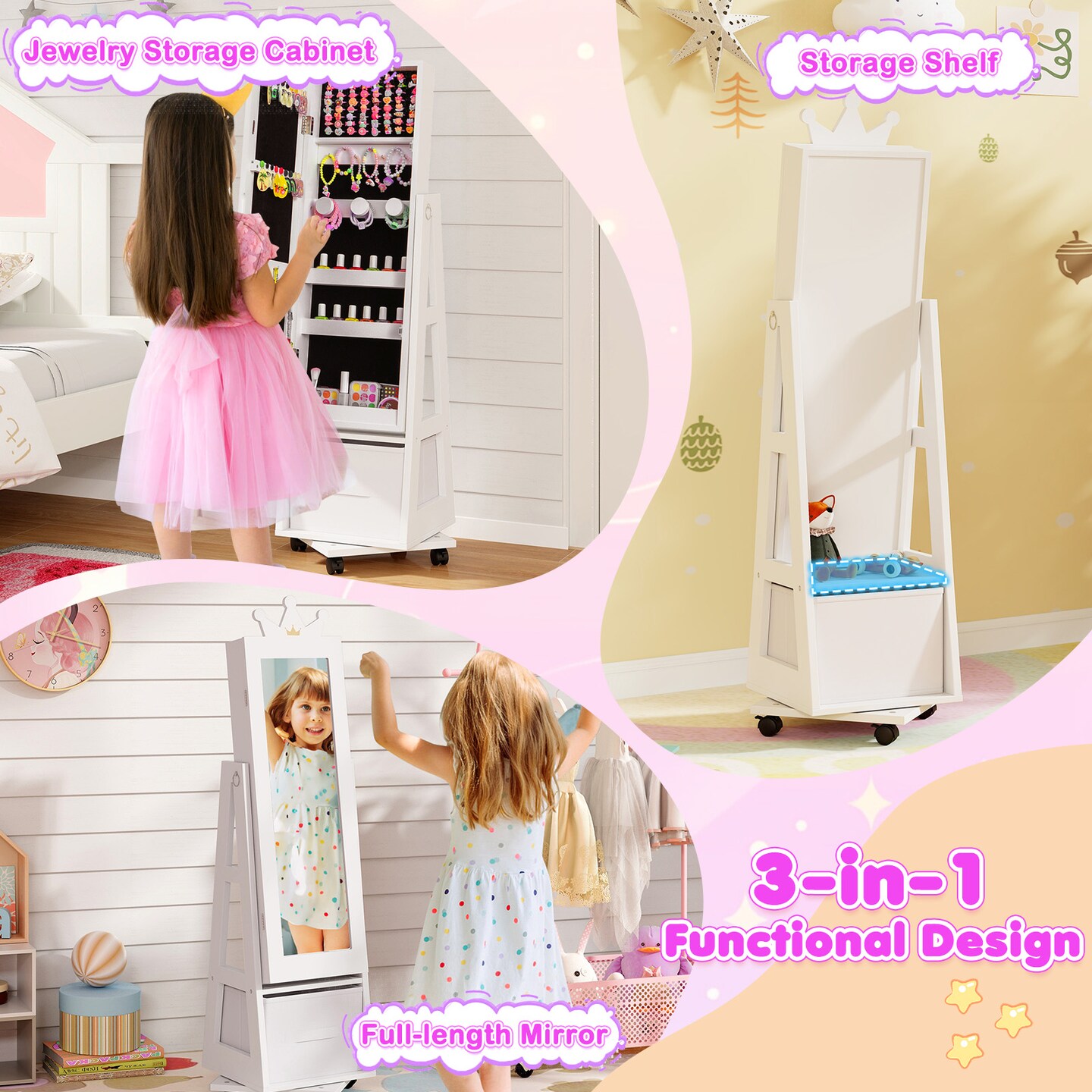 Kids Jewelry Armoire Cabinet with Swivel Base and Lockable Universal Wheels
