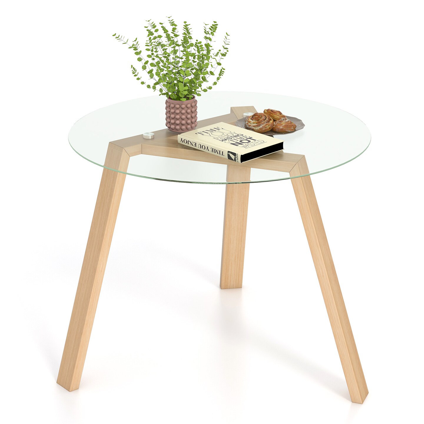 36 Inches Round Glass Dining Table for 4 with Rubber Wood Frame-Natural - 36&#x22; x 36&#x22; x 29&#x22;