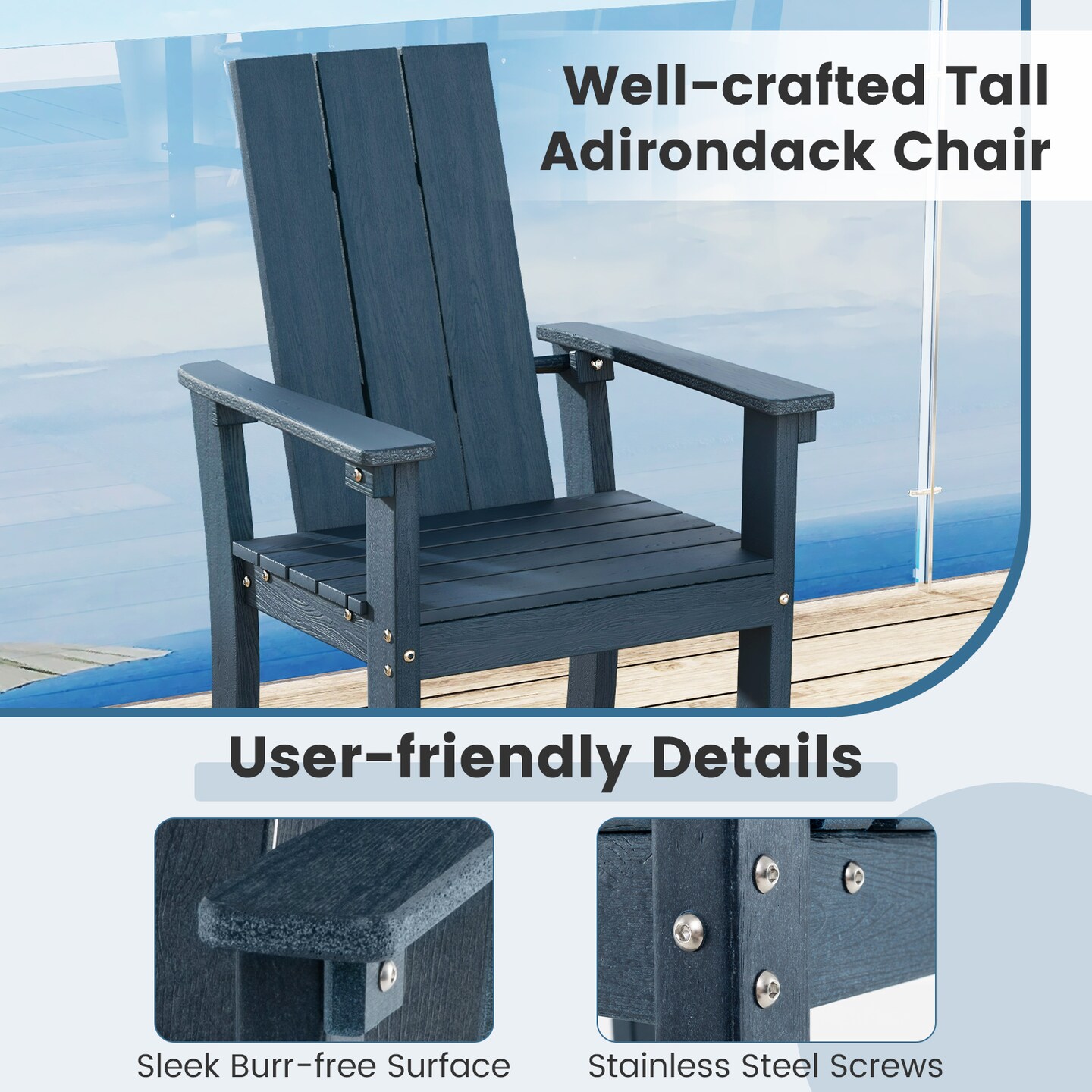 Tall Adirondack Chair Outdoor Bar Stool with Ergonomic Backrest for Backyard - 27.5" x 23" x 52" (L x W x H)