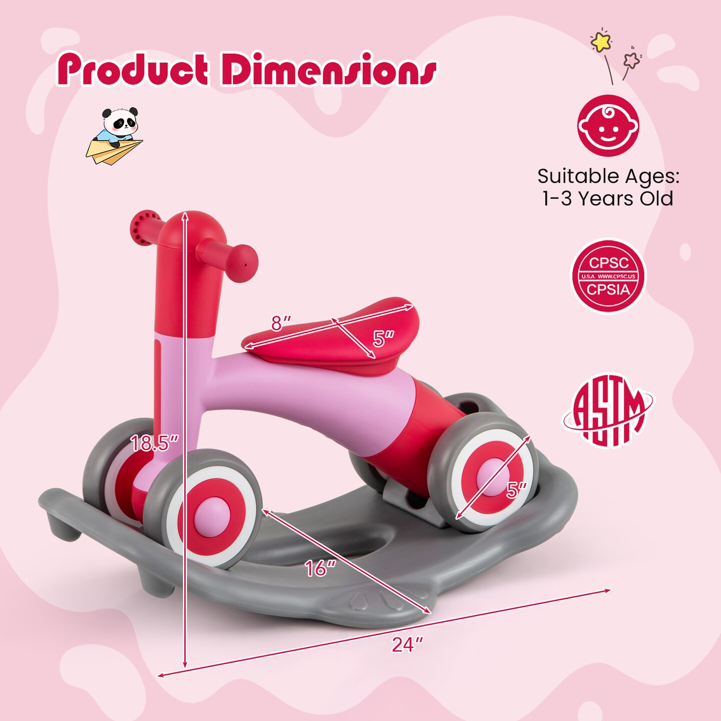 3-in-1 Kids Rocking Horse with Balance Board and Removable Seat - 16 L x 24 W x 18.5 H