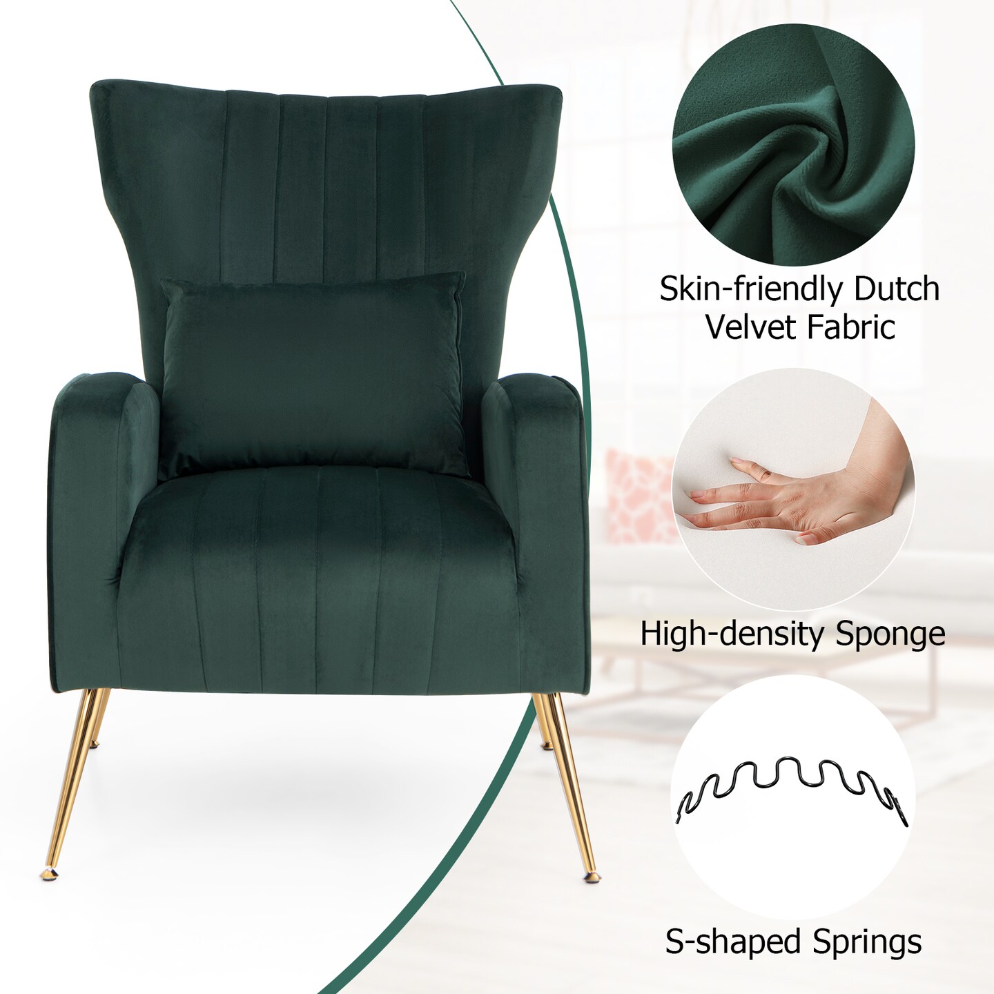 Velvet Upholstered Wingback Chair with Lumbar Pillow and Golden Metal Legs