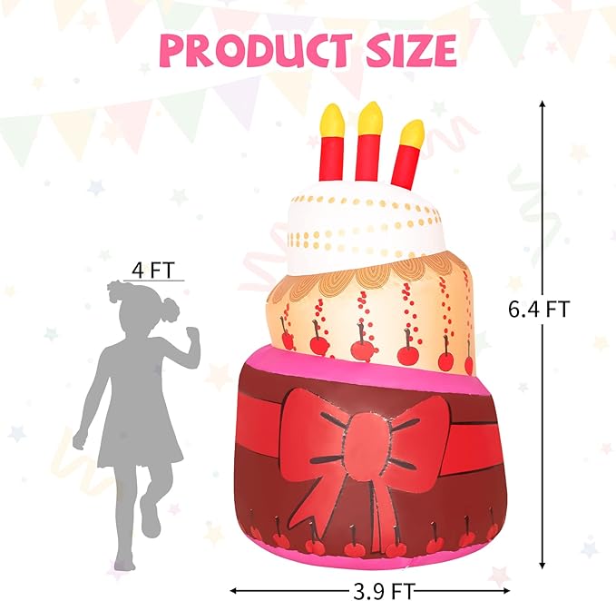 GOOSH 6.4 FT Birthday Inflatables Cake with Candle Happy Birthday with Colorful Rotating LED Lights (Red-B)