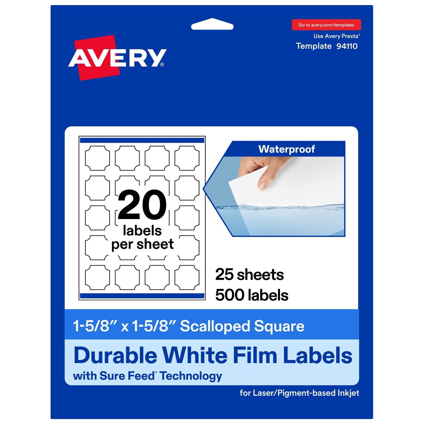 Avery Durable Waterproof Square Scalloped Labels with Sure Feed, 1-5/8" x 1-5/8"