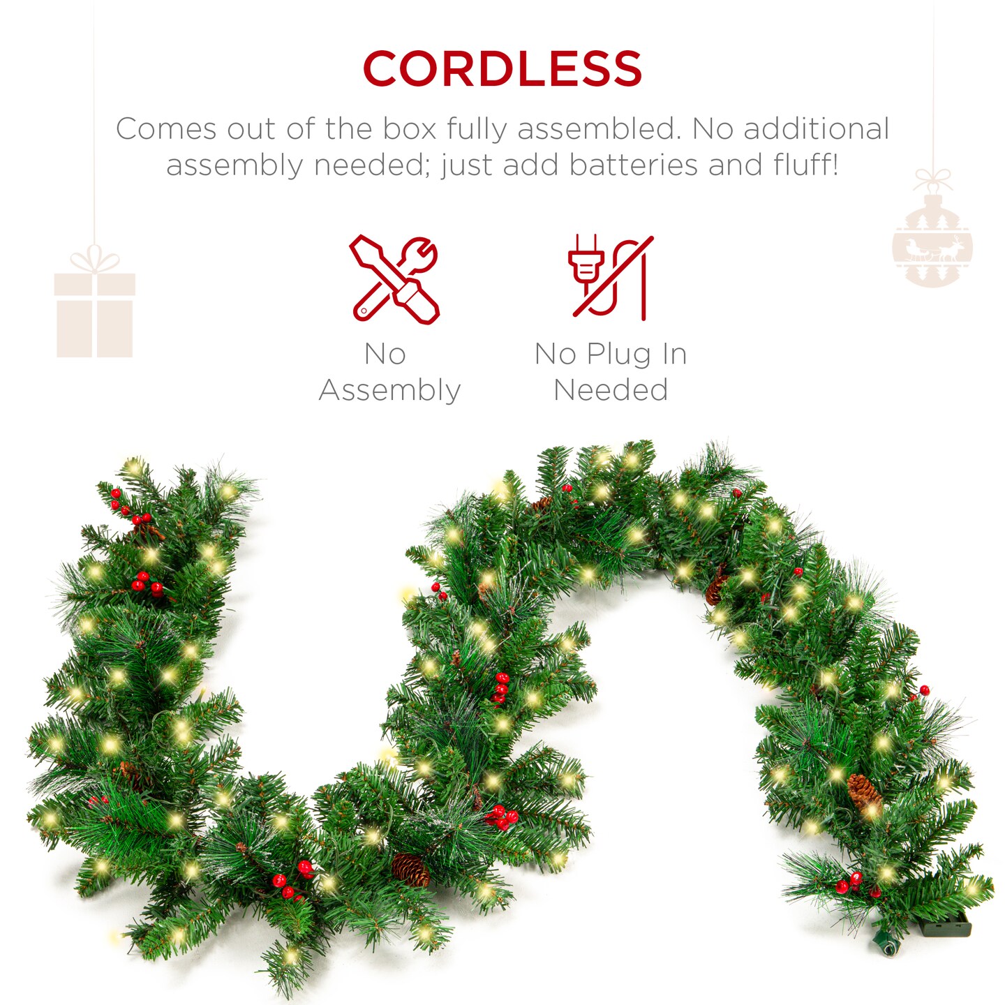 Best Choice Products 9ft Pre-Lit Pre-Decorated Garland w/ PVC Branch Tips, 50 LED Lights, Pine Cones, Berries