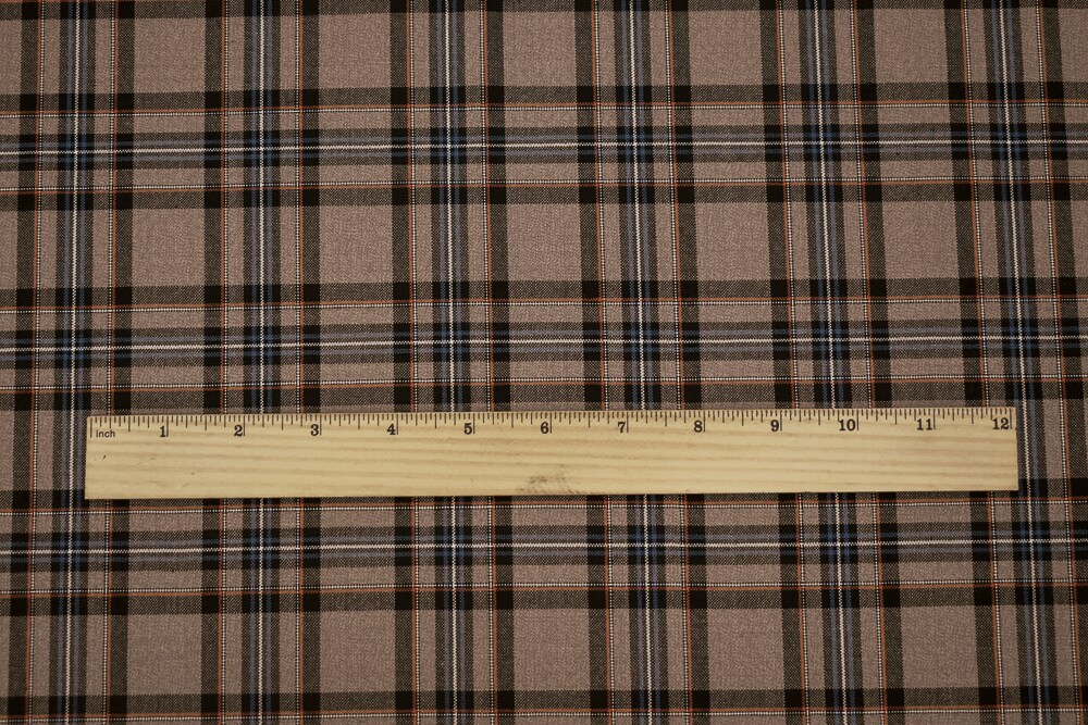 Brown-Orange-Multi Wool-Poly Plaid Woven Shirting Fabric By the Yard