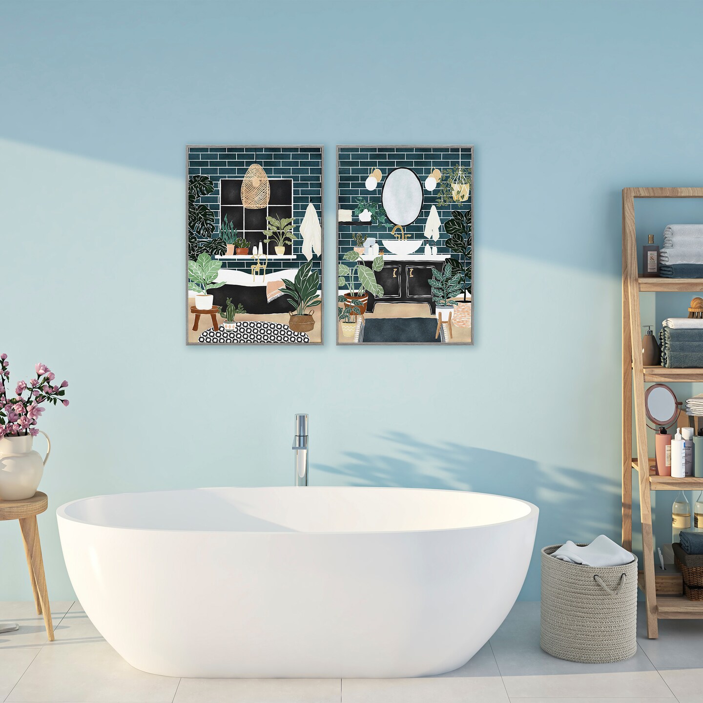 Stupell Industries Modern Bathroom with House Plants 2pc Framed Giclee Set, design by JJ Design House LLC
