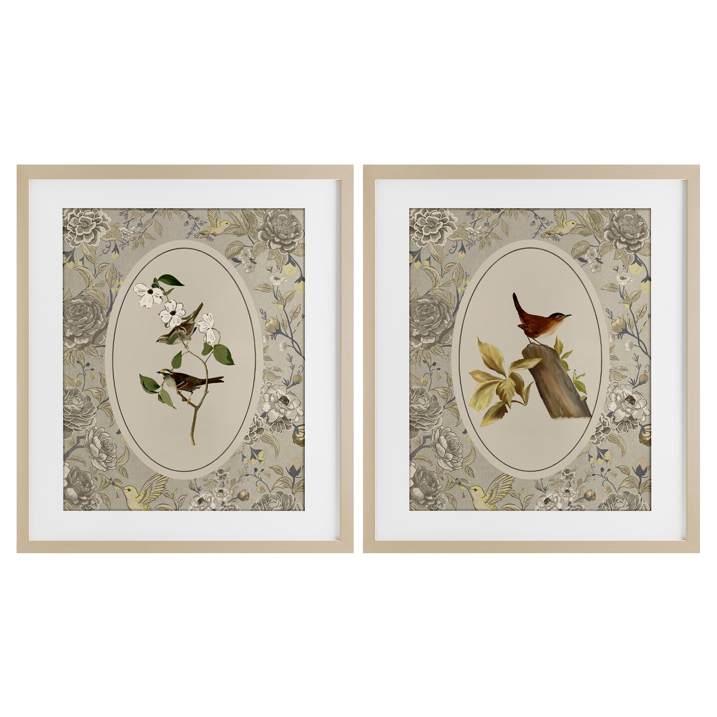 Stupell Industries Vintage Birds & Toile 2pc Framed Print Under Glass Set, design by Radhika Modi