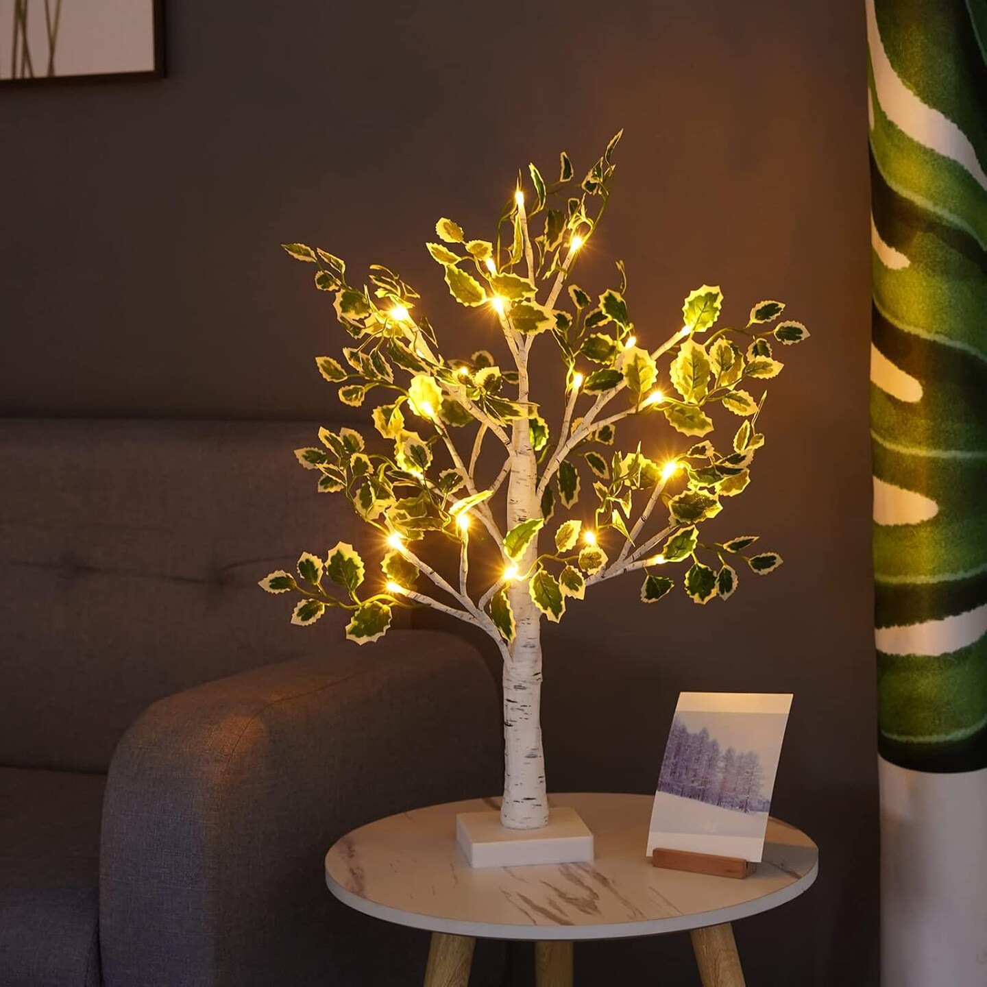 2ft Lighted Birch Tree with Green Leaves & 24 LEDs – USB/Battery Operated Fairy Light Tree with Timer for Christmas, Wedding, Office & Year-Round Indoor Home Decor