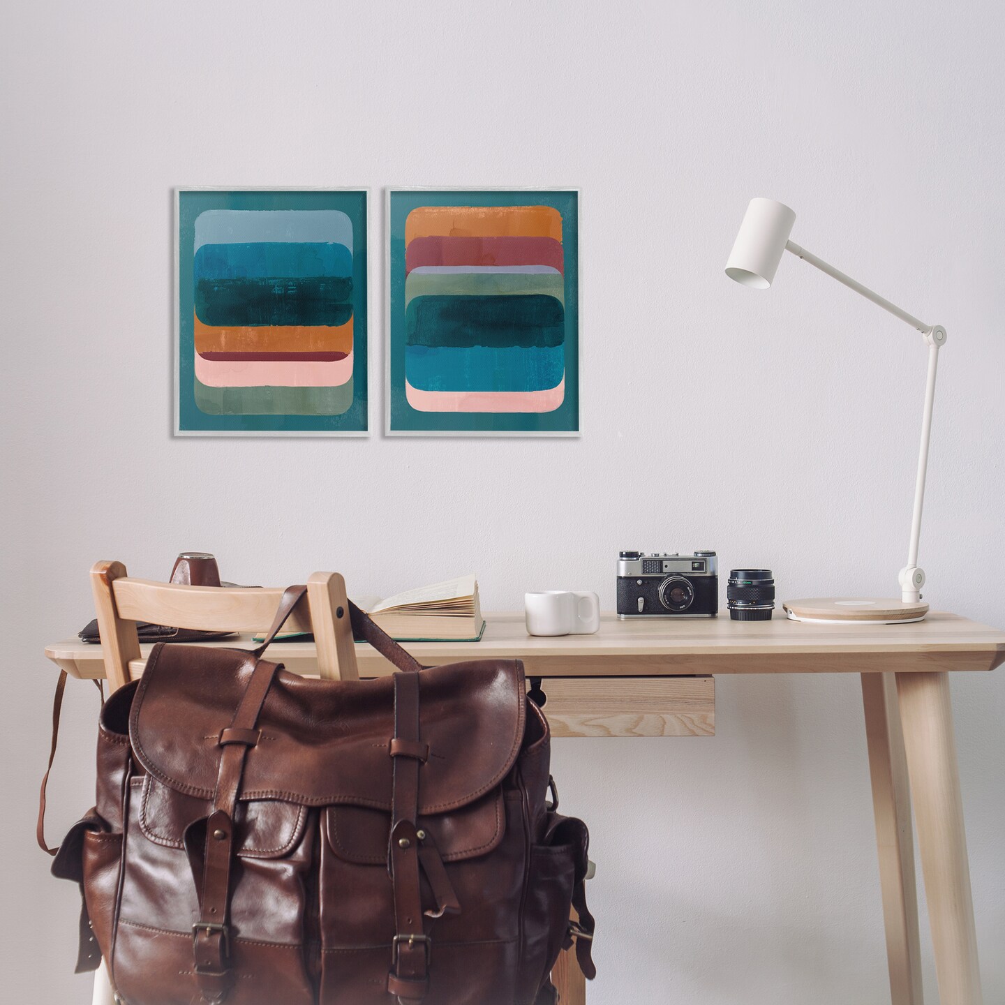 Stupell Industries Abstract Teal Stacked Colors 2 pc Framed Giclee Wall Art Set Design by Victoria Barnes