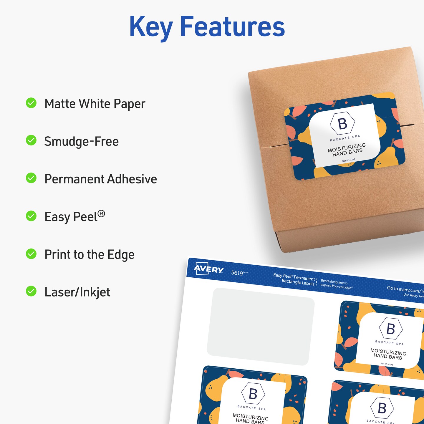 Avery Printable Rectangular Labels with Sure Feed, 2" x 3", Matte White, Permanent Adhesive, Laser & Inkjet Printers, 200 Blank Labels (5619)