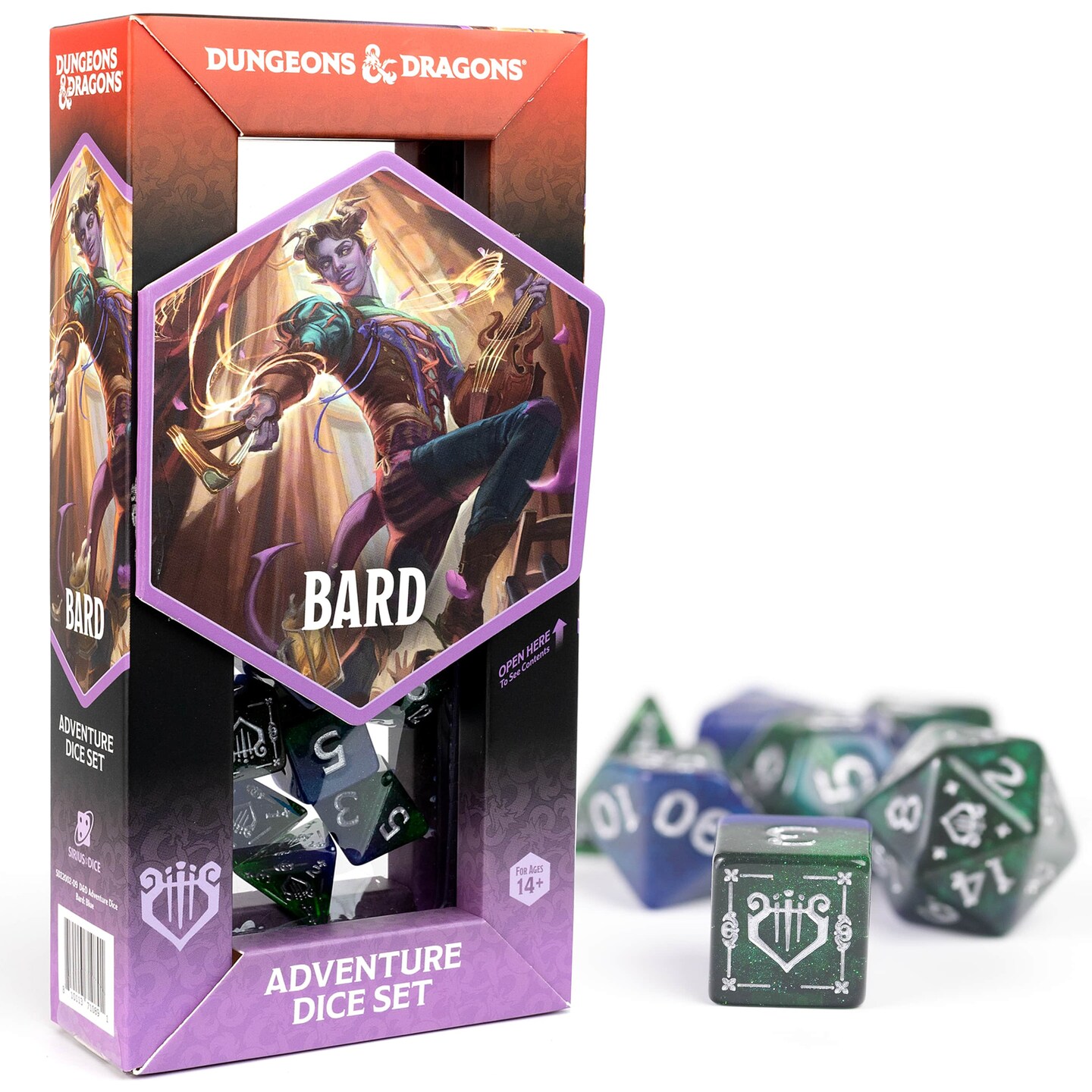 Dungeons & Dragons: D&D Adventure Dice: Bard - Blue & Green -15pc RPG Set, Class Symbols, Roleplaying Game Accessory, Sirius Dice, Officially Licensed