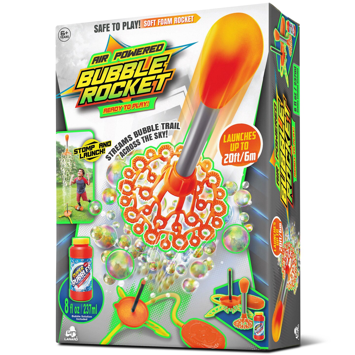 Lanard: Air Powered Bubble Rocket - Load-Stomp-Launch, Streams Bubbles In The Sky, 8oz Solution, Soars Up To 20 Feet, Foam Toy, Outdoor Play, Kids 6+
