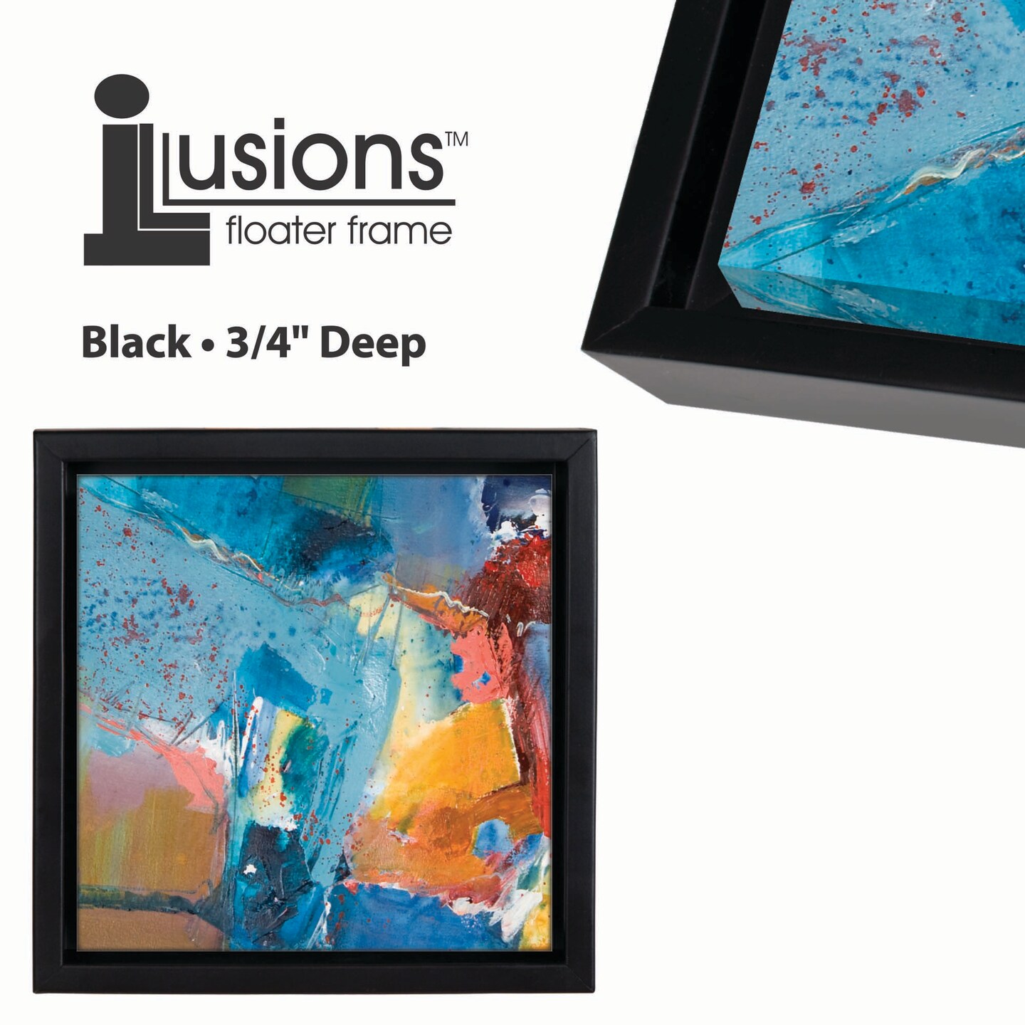 Creative Mark Illusions Floater Frame For 3/4&#x22; Deep Canvases - 12x16&#x22; Black- Set of 4, Ideal for Galleries &#x26; Home Decor - Wood Float Frame for Canvas Paintings- Complete Hanging Hardware